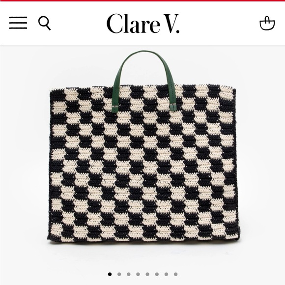 Clare V summer simple tote Black and White Checkered Bag with Green Handles - Picture 1 of 10